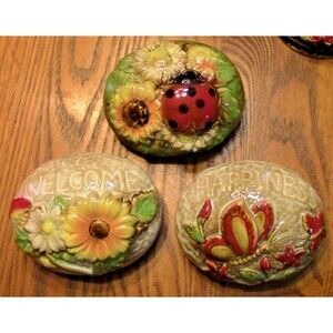 3~~CERAMIC WELCOME GARDEN ROCK  In/Outdoor Floral Paperweight Door Stopper